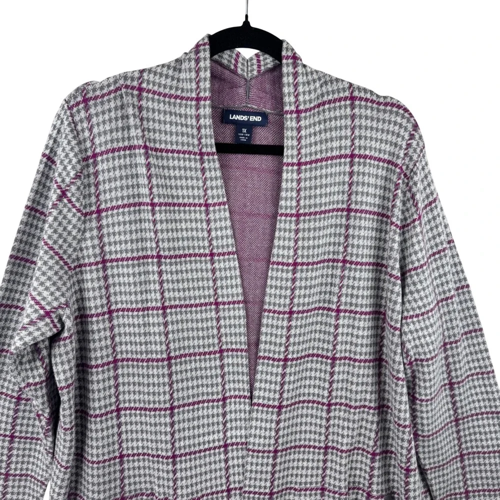 Lands End Cardigan Womens 1X Gray Purple Plaid Houndstooth Open Front Sweater